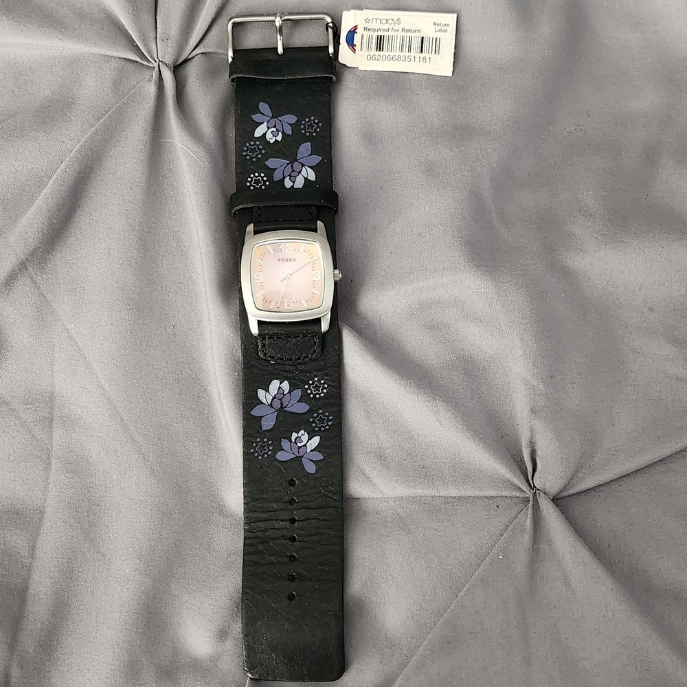 Fossil JR8350 Women Watch Black Leather Wide Cuff Band Floral Pink Dial NWT